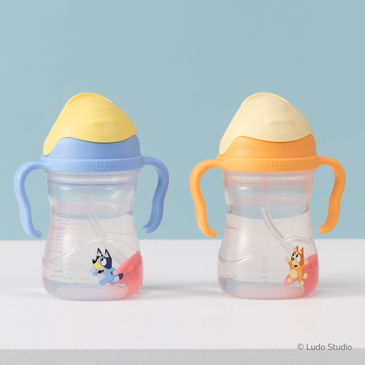 Two children's sippy cups with Bluey and Bingo character designs on a light blue background.