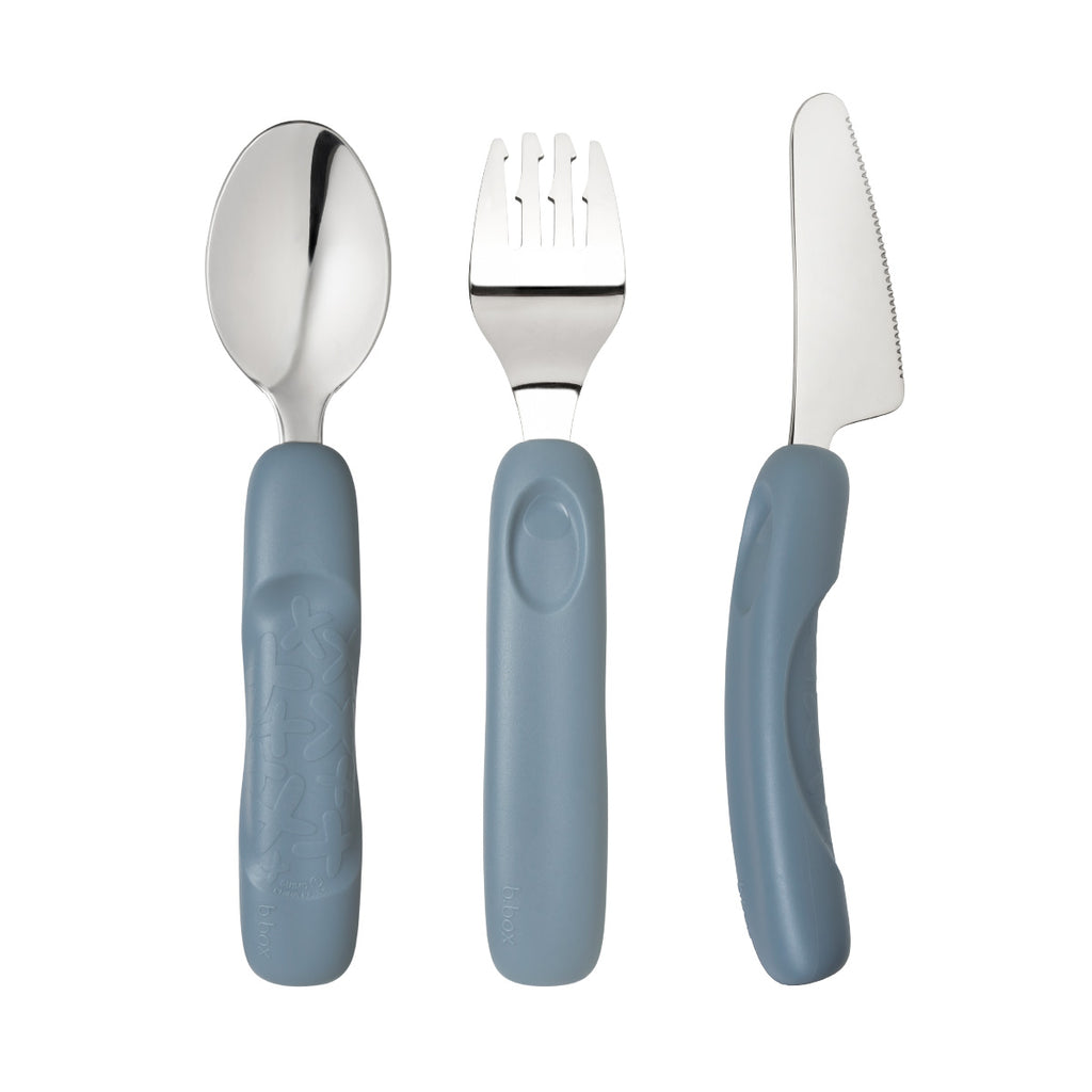 Set of silver cutlery with blue handles on a white background