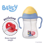 Bluey sippy cup with blue handle and yellow flip lid, featuring the 'Bluey' brand.