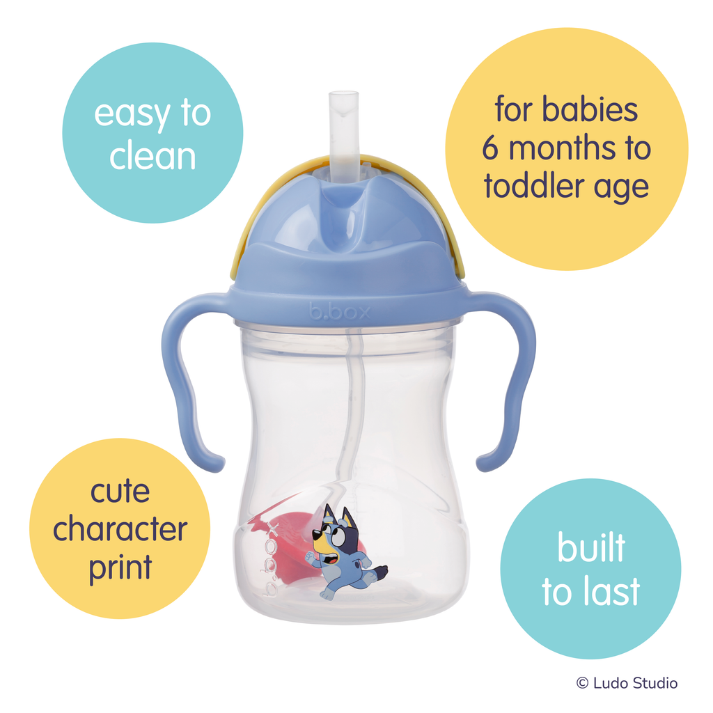 Children's Bluey sippy cup with character print, features listed, and Ludo Studio branding.