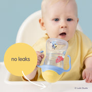 Baby holding a Bluey sippy cup with 'no leaks' text and Ludo Studio logo.