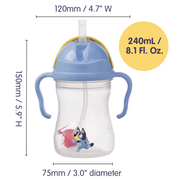 Children's Bluey sippy cup with measurements and capacity details on a white background
