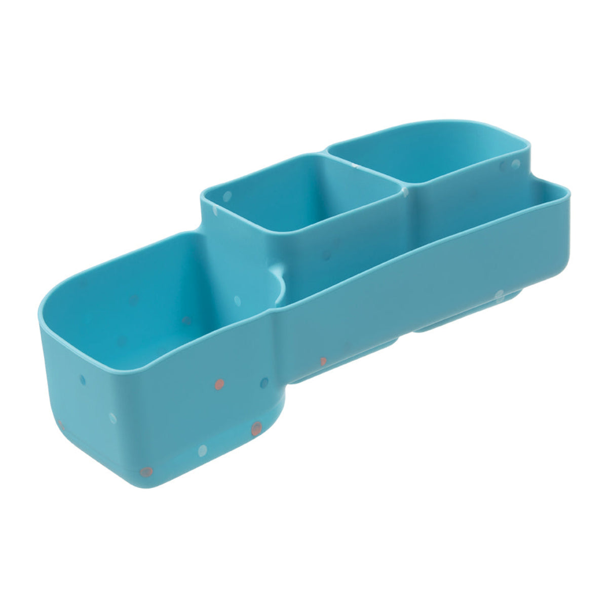 A light blue three-compartment plastic organizer tray with small colorful polka dots, shown on a plain white background.