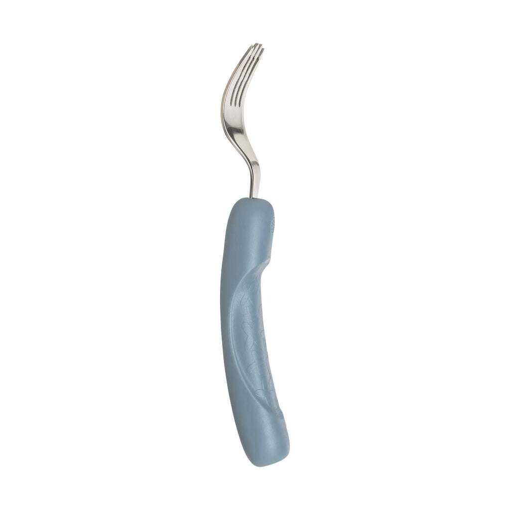 Fork with a blue handle on a white background