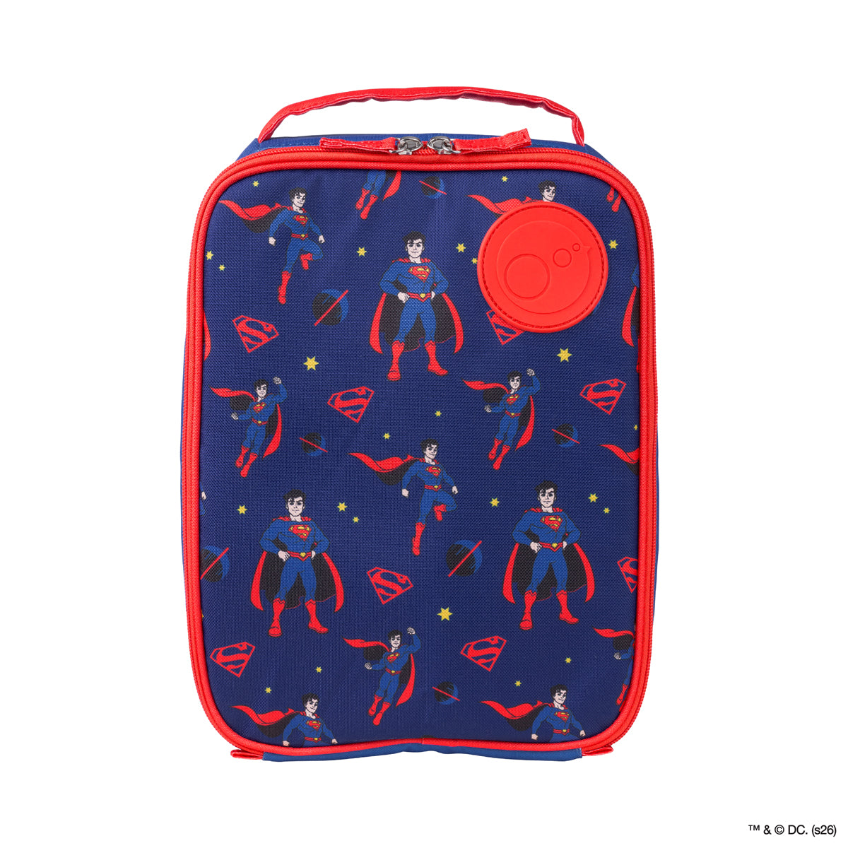 Superman-themed lunch bag with red accents on a white background